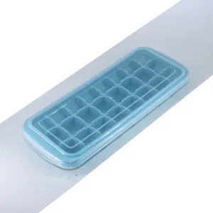 Bandeja de cubitos de hielo de silicona azul con 24 rejillas y tapa para molde casero fácil.