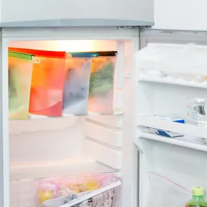 Reusable silicone food storage bags set, leakproof zip lock bags for fridge and kitchen.