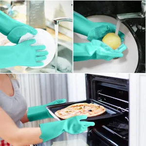 Multifunctionele siliconen afwaswanten met borstel voor keukenreiniging en hittebescherming.