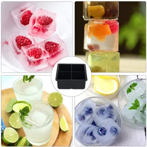 Dettaglio stampo per cubetti di ghiaccio in silicone con frutta e scene di bevande.
