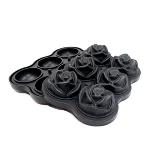 Black silicone 6 cavity rose ice mold detail view, flexible material for easy ice cube release.