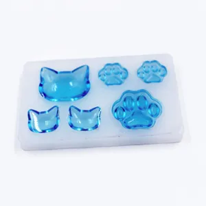 DIY cat paw and head silicone mold set for resin casting jewelry making, clear blue drops.
