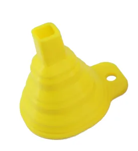 Silicone collapsible funnel detail view, flexible telescopic design in bright yellow color.