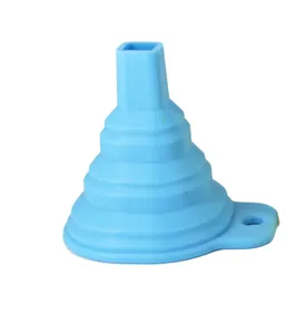 Silicone collapsible funnel detail view, flexible kitchen tool with hanging hole for easy storage.