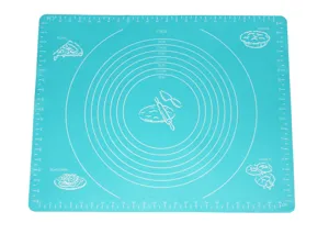 Thickened high temperature resistant silicone baking mat with measurement scales for dough kneading.