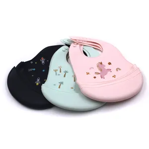 Waterproof silicone baby bibs with cute cartoon patterns, soft and easy to clean for toddlers.