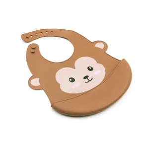 Silicone baby bib detail showing cute cartoon animal face and deep crumb catcher pocket