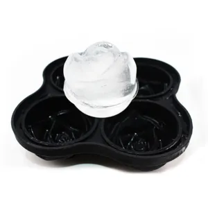 Silicone rose ice cube tray detail, 4-cavity black mold for cocktail drinks and parties.