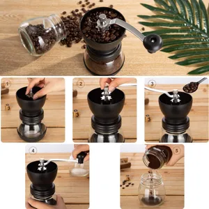 Manual coffee grinder detail view showing components and step by step operation instructions.