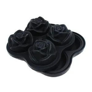 Black silicone 4-cavity rose ice mold detail view, flexible ice cube tray for drinks.