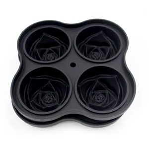 Detail view of a 4-cavity black silicone rose ice cube tray mold, perfect for craft cocktails.