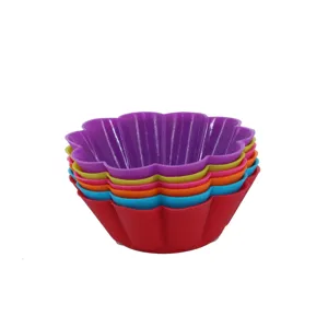 Silicone muffin cup, round cake mold detail shot showing colorful stacked flower baking cups.