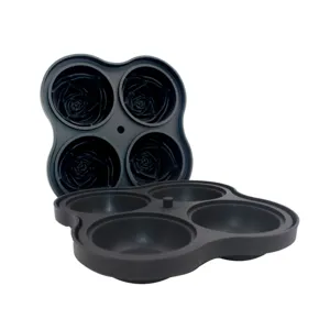 Silicone 4-cavity rose ice cube mold detail, flexible whiskey cocktail ice maker tray.