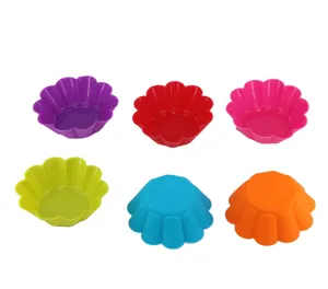 Colorful silicone muffin cups, flower shaped cake molds for baking, set of six bright colors.