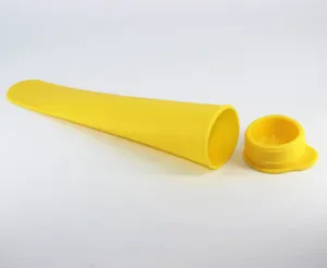 Close-up view of the yellow silicone ice pop mold container and lid detail presentation.