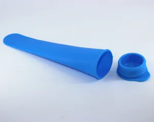 Blue silicone ice pop mold detail, flexible tube design with matching lid for homemade treats.