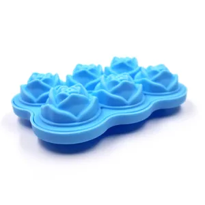 Silicone 6-cavity rose ice cube mold detail view, showing flexible blue floral cavities for drinks.