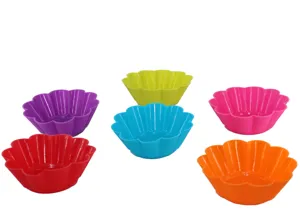 Colorful silicone muffin cups set, flexible flower shaped cake molds for baking mini cupcakes.