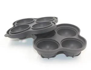 Silicone 4-cavity sphere ice tray mold, detailed view of dark gray flexible ice maker.