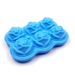 Silicone 6-cavity rose ice cube mold detail view, flexible flower chocolate tray.