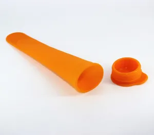 Detail view of orange silicone ice pop mold with lid, flexible ice cream tube for homemade treats