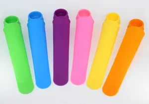 Colorful silicone ice pop molds detail view, flexible popsicle maker tubes set for DIY frozen treats.