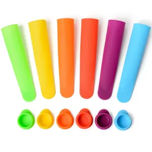 Silicone ice pop mold detail showing vibrant multi-colored tubes and secure matching lids.