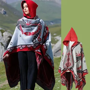 Damen Kapuzen Schal Umhang Ethno Phönix Muster Verdickt Winter Warm Poncho Gewebt Jacquard Reise Wickelschal Kapuzen Strickjacke