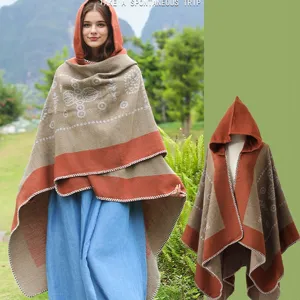 Damen Winter Warm Strickschal Kuscheldecke Kontrastfarbe Geometrisch Jacquard Fransen Poncho Cape Für Reisen Alltag