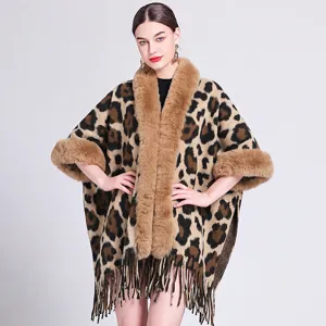 Damen Strick Poncho Schal Mit Kunstpelzkragen Leopardenmuster Kariert Winter Warm Quasten Cape Wrap Bovenkleding
