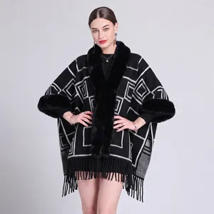Europäische Mode Damen Kunstkaninchenfell Kragen Poncho Schal Jacquard Geometrisches Warmes Cape Quaste Fransen Strickjacke