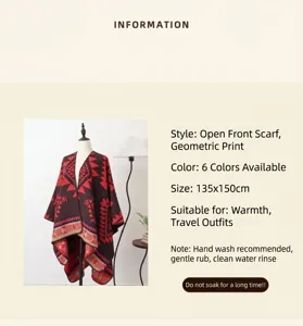 Productdetails voor bohemian geometrische gebreide poncho cape met afmetingen en verzorging