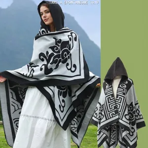 Boho-Strickponcho Mit Kapuze Schal Kaschmirähnliches Acryl Polyester Jacquard Quasten Umhang Damen Winter Warm Outdoor