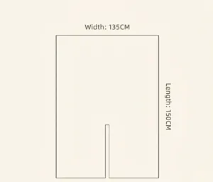 Schematische weergave van de exacte afmetingen 135x150 cm voor deze gebreide omslagdoek