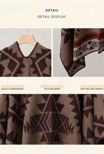 Detail van gebreide poncho met bruin en oranje geometrisch tribaal patroon decor