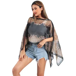 Schwarzer Damen Chiffon-Poncho mit Paisley-Muster als eleganter Strand-Cover-up Stoff