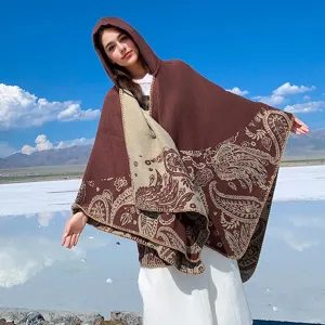 Elegant hooded knit shawl with vintage paisley pattern for outdoor winter travel and warmth.