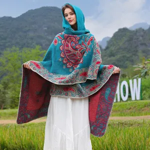 Eleganter Bohemien Paisleymuster Kapuzen-Poncho Schal mit Jacquard-Blumenmuster für Damen