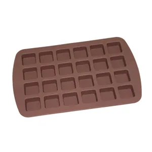 Detail view of 24-cavity brown silicone square mold for cake and chocolate baking.