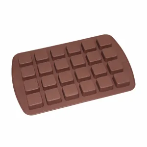 Durable 24-cavity square brown silicone mold for baking chocolate and making ice cubes.