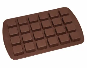 Silicone chocolate mold detail view, flexible square cavity baking tray close up design.