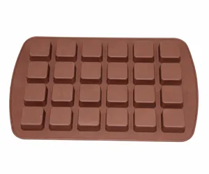 Brown silicone baking mold detail view, multi-cavity rectangular chocolate tray.