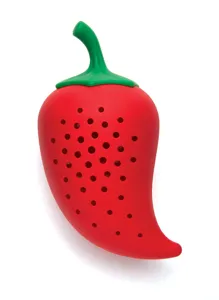 Detailed close-up view of the creative red chili silicone tea infuser and kitchen spice filter.