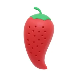 Silicone pepper spice infuser detail, creative chili shaped kitchen tool with filter holes.