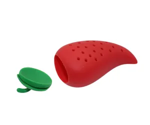 Silicone chili pepper tea infuser and spice strainer detail view in red and green color.
