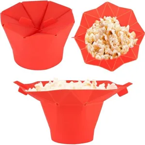Bol Plegable de Silicona para Palomitas Apto para Microondas Cubo Rojo Herramienta de Cocina Recipiente Reutilizable