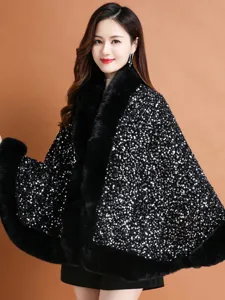 Eleganter schwarzer Pailletten-Cape mit luxuriösem Kunstpelzkragen und Besatz für Damen