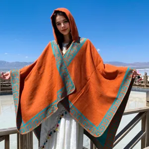 Women Hooded Knit Poncho Cloak Bohemian Greek Key Pattern Geometric Split Front Warm Acrylic Shawl Wrap For Travel Winter