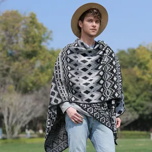 Detail of men's knitted geometric pattern poncho shawl for outdoor wear