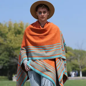 Western Street Style Striped Polyester Shawl With Tassel Cozy Open Front Warm Knit Poncho Cape Wrap For Men Women